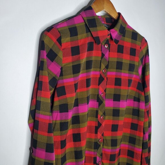 Michael Tyler Womens Colorful Plaid Button Up Back Blouse Size S Art To Wear - Picture 2 of 10